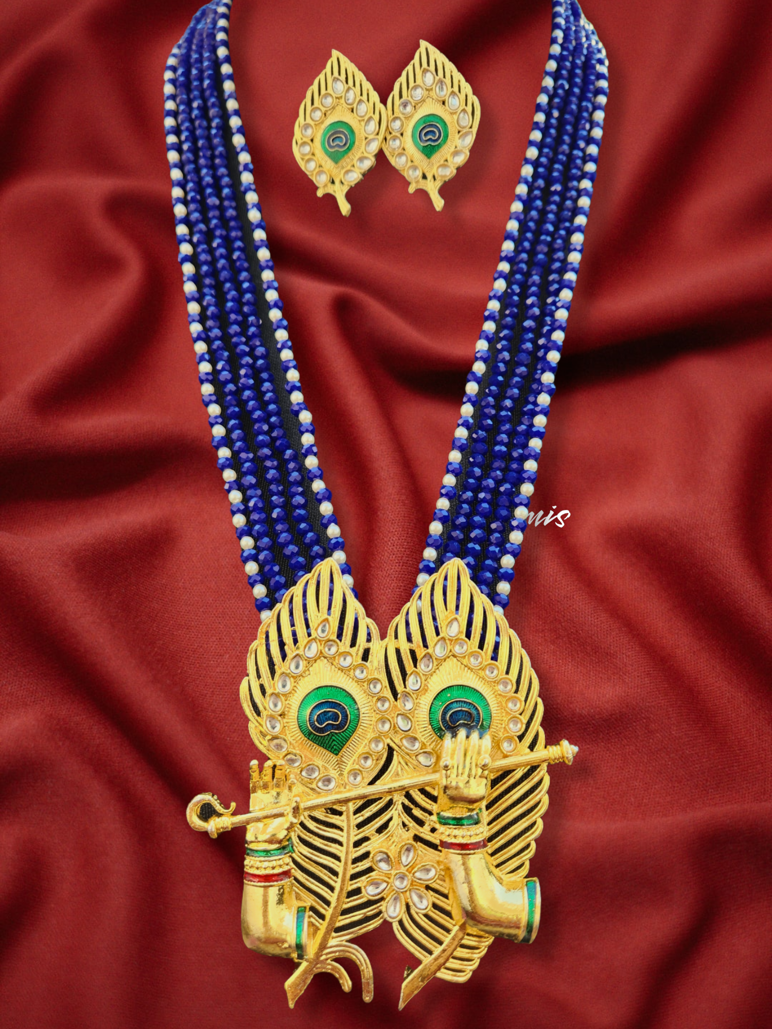 Blue Color Beads and Pearl Long Layer Chain Neck lace With Peacock Feather Pendent