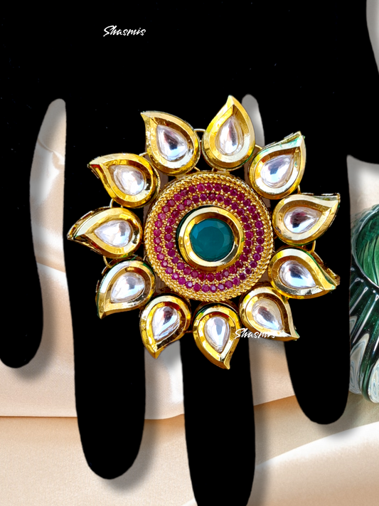 Magenta Stone Flower Design Kundan Ring