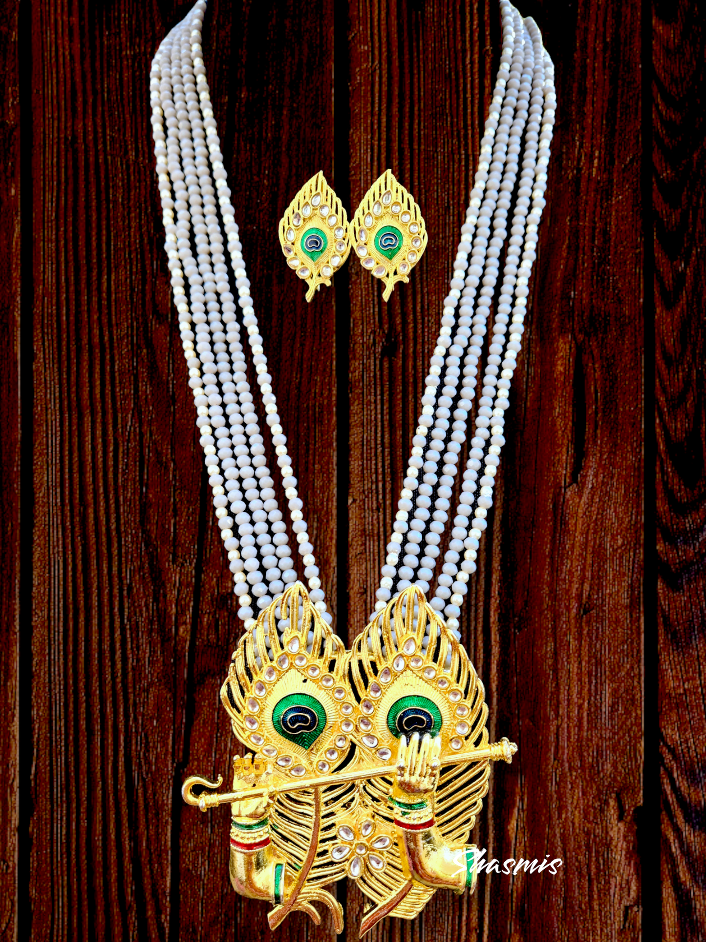 Grey Color Long Beads With Peacock Feather Pendent Necklace 