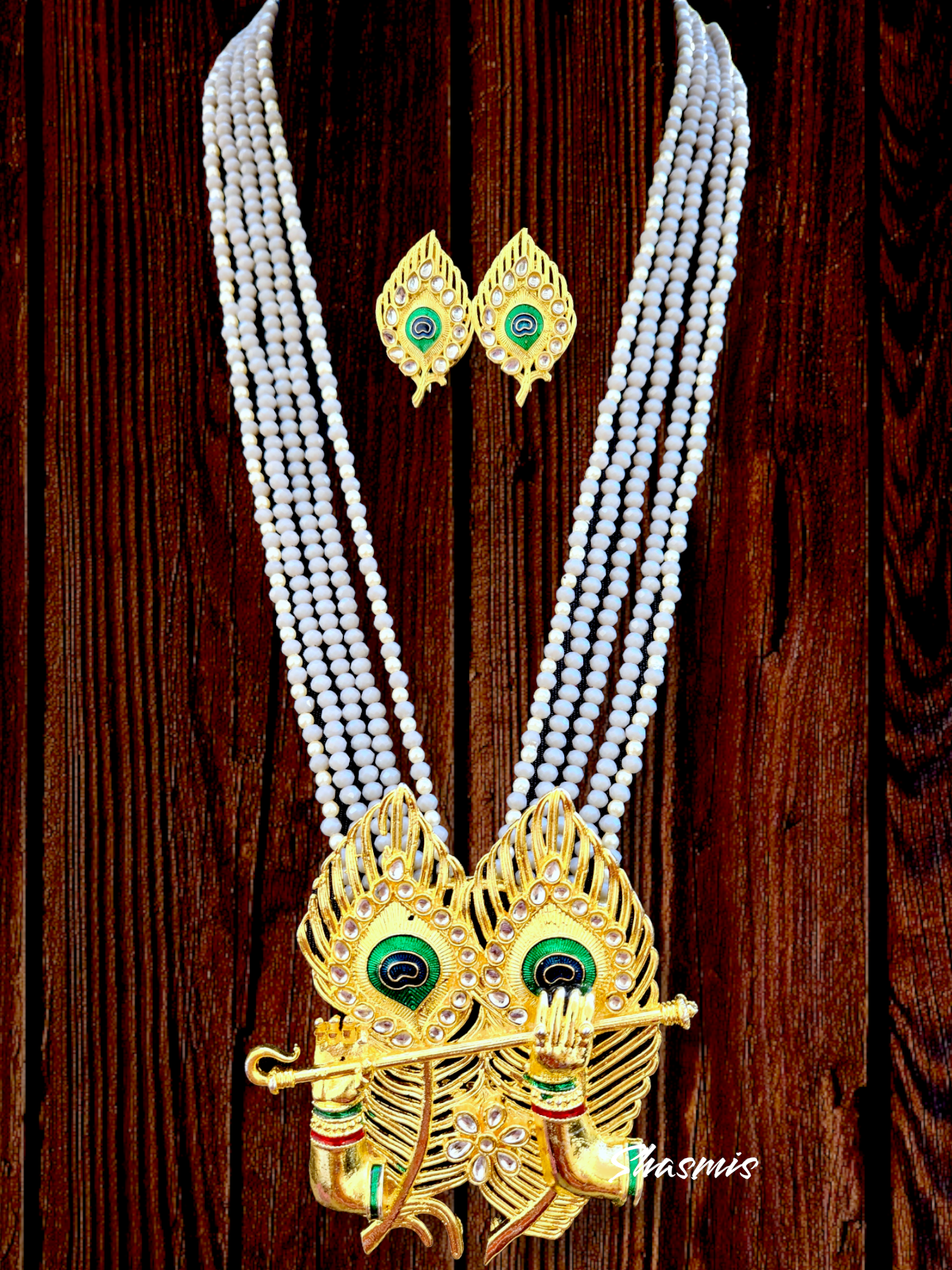 Grey Color Long Beads With Peacock Feather Pendent Necklace 