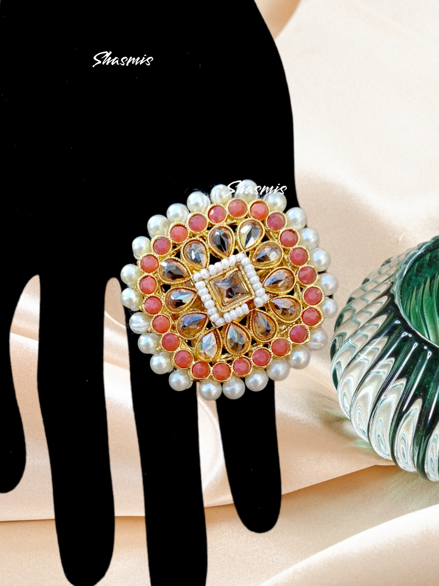 Pink Peach Color Kundan Design Ring