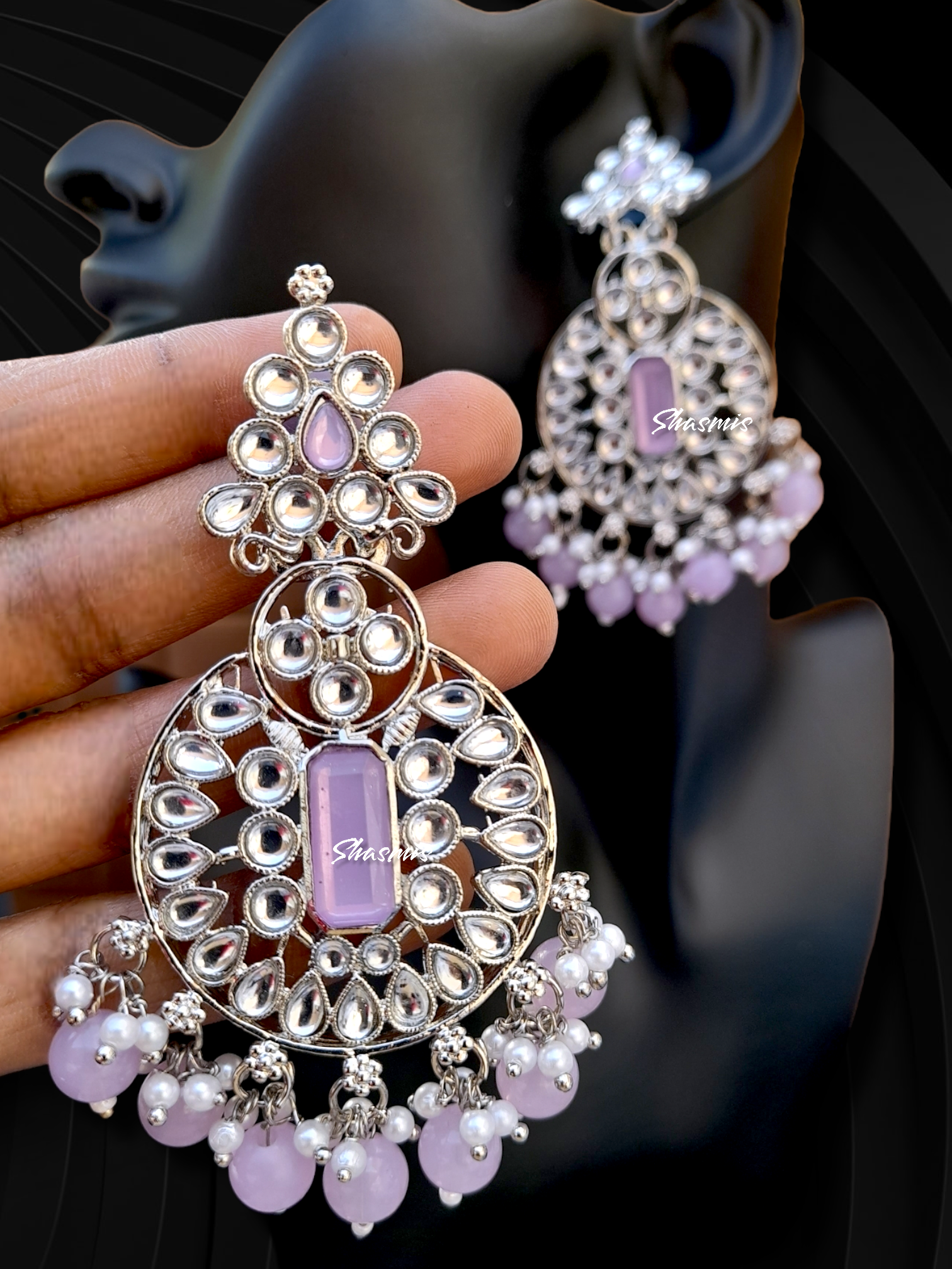 Purple Stone Long Jhumka Pearl Drop Earrings