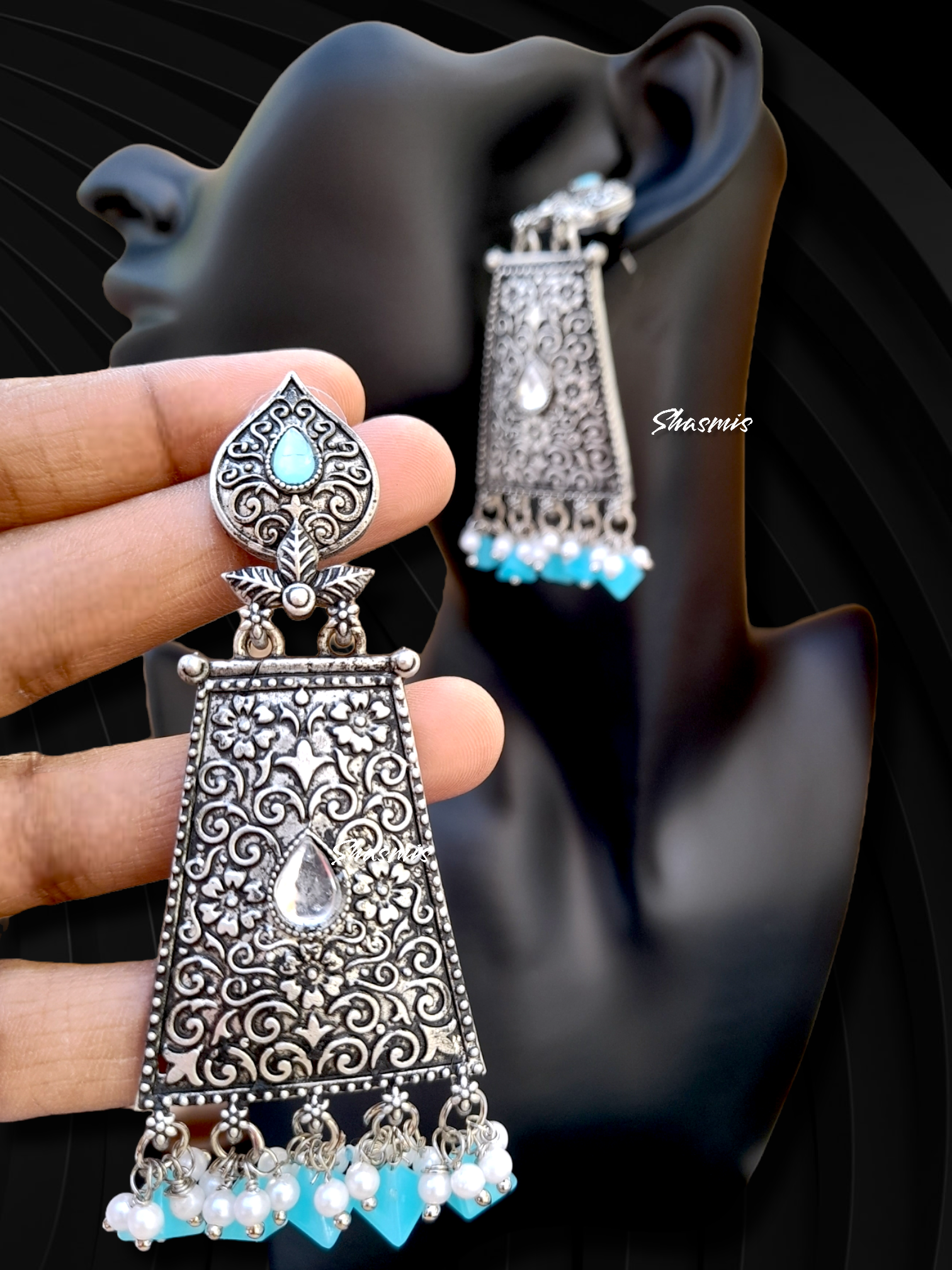 Silver Color Design Blue Pearls On Drop Earrings 