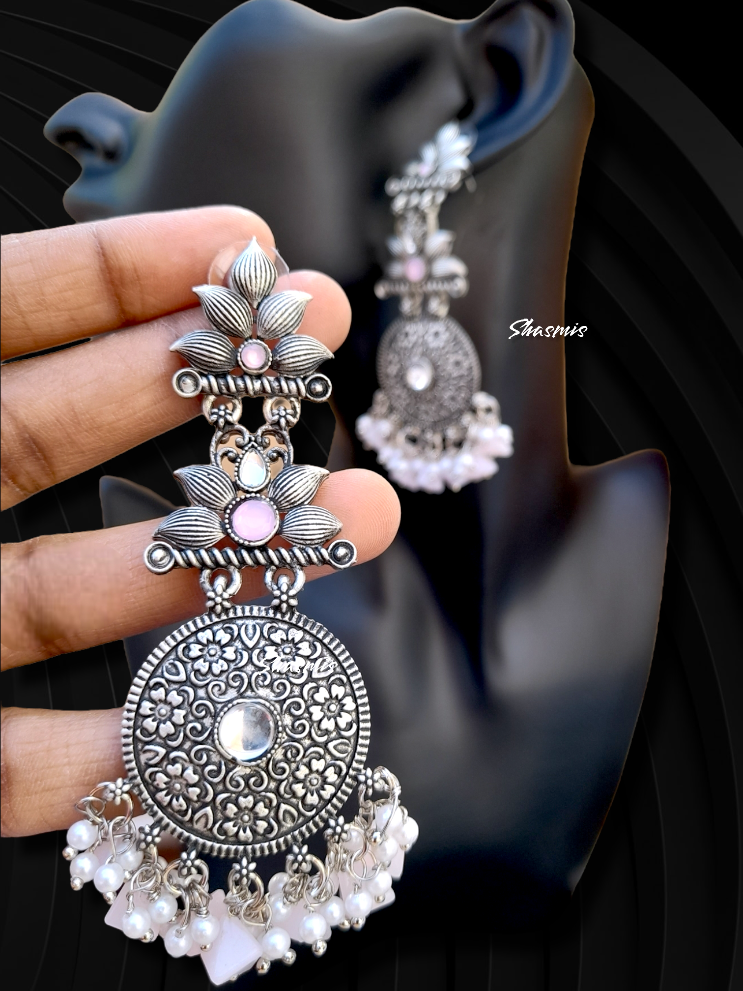 Baby Pink Stone On Drop Long Silver Tone Earrings