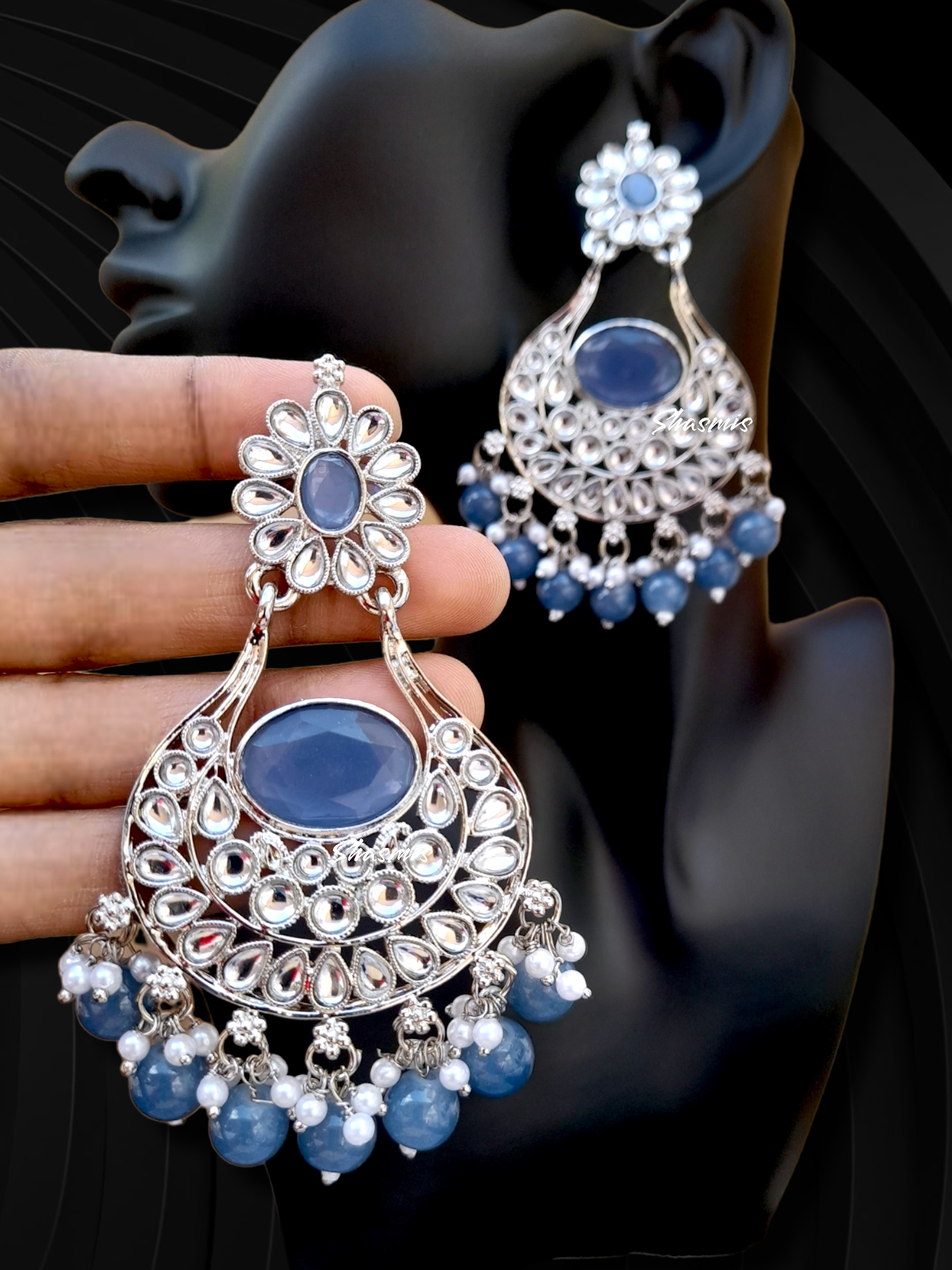 Blue Centre Stone Long Drop Blue Pearls Silver Earrings