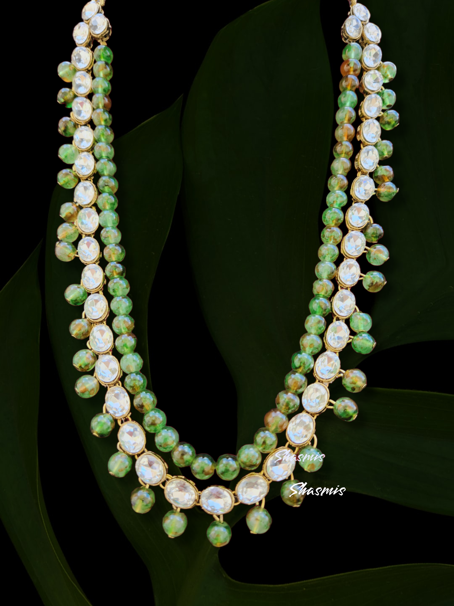 Green Beads Glass Kundan Long Necklace 