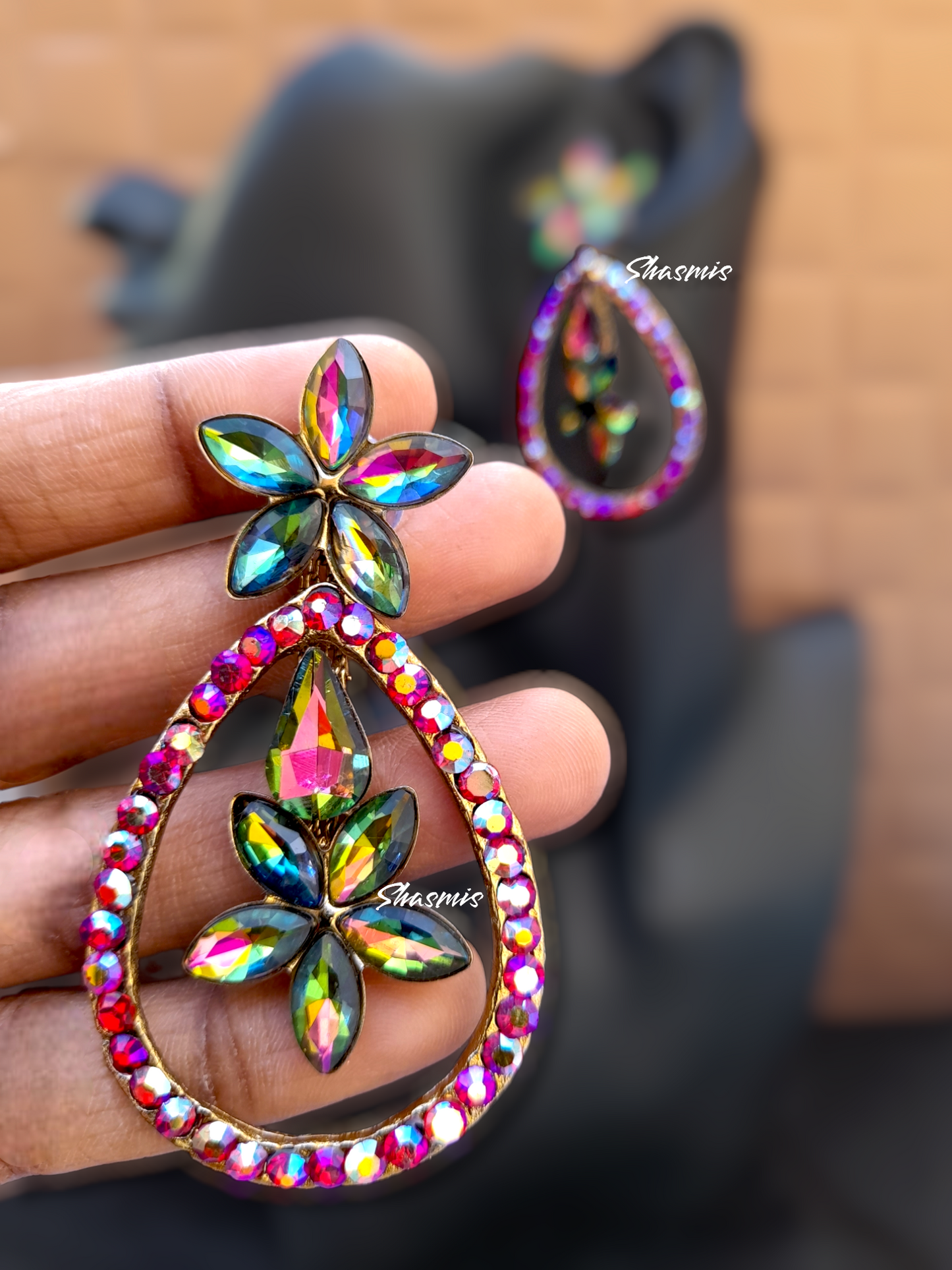 Multi Color Stone Long Tear Drop Prerto Earrings