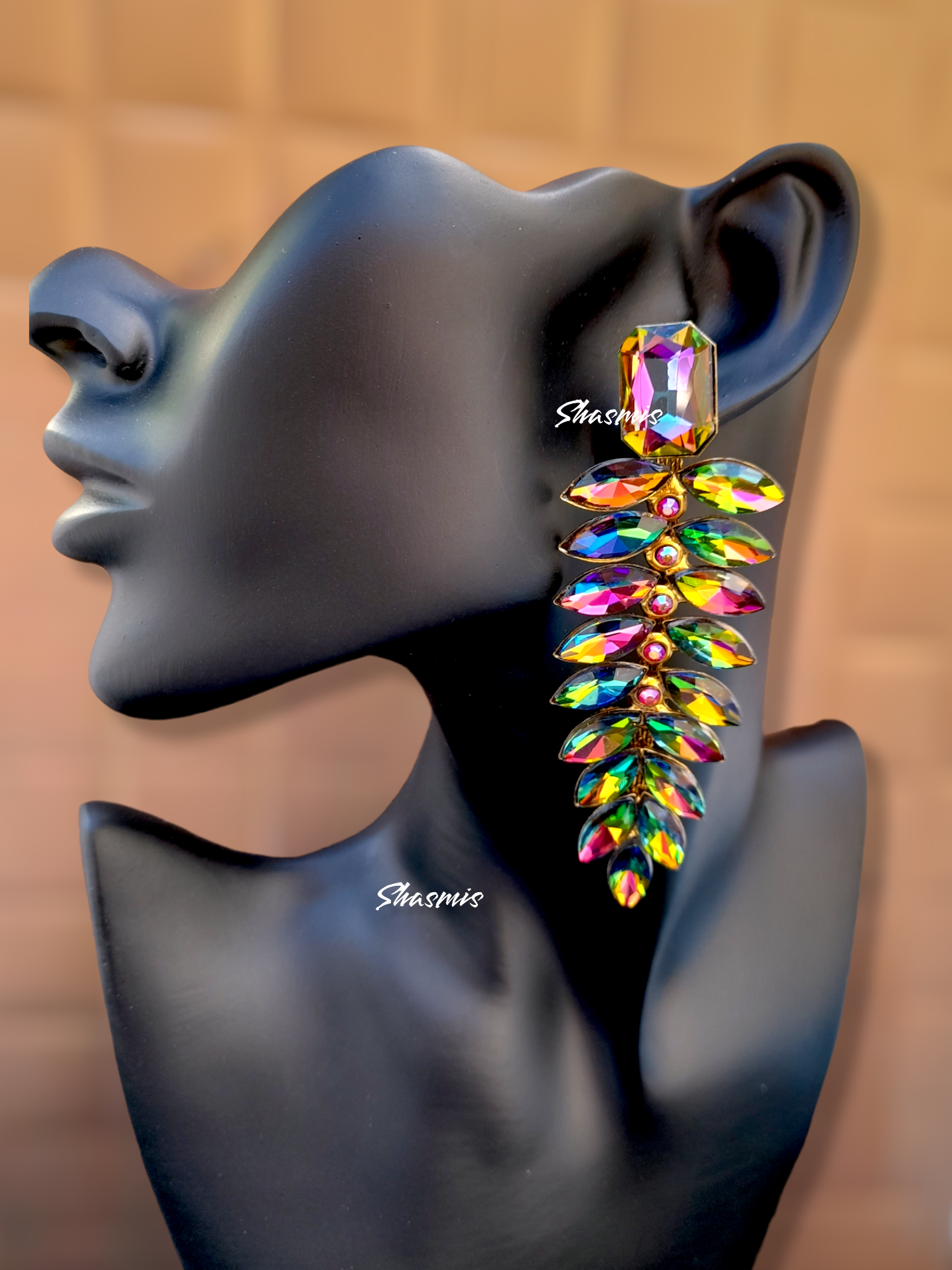 Multi Color Pretro Stone Long Leaf Design Earrings