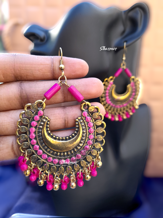 Megenta Pink Color Long Chandbali Gun Metal Earrings