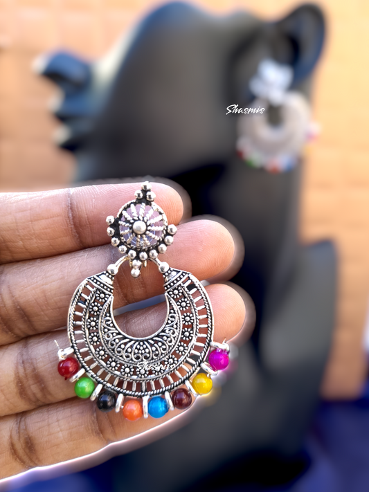 Long Drop Multi Color Beads Silver Earrings