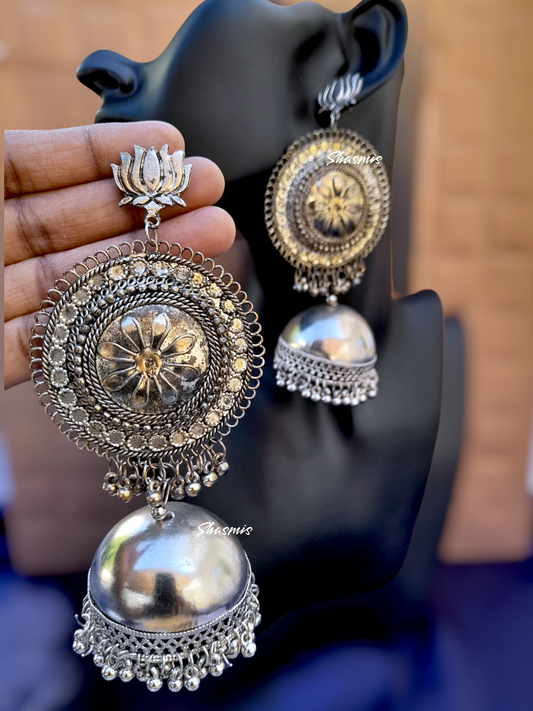 Lotus Design Long Drop Jhumka Silver Earrings
