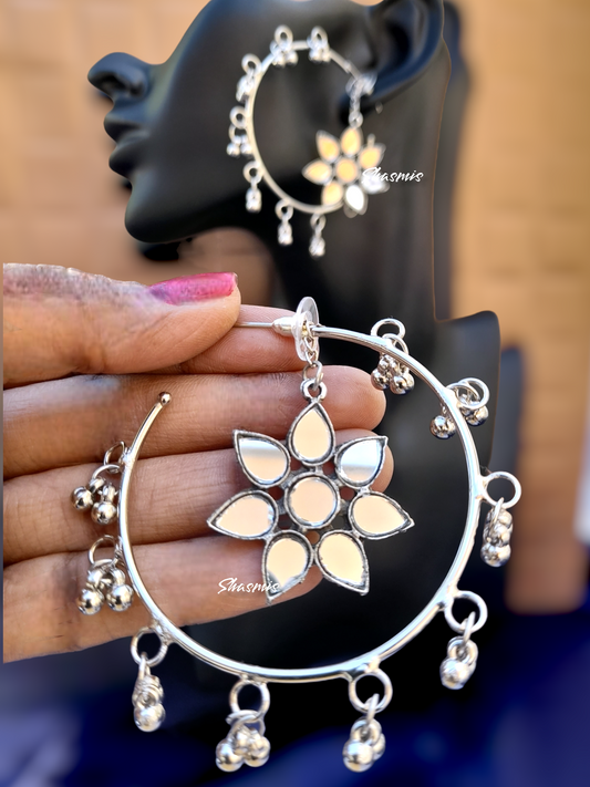 Flower Mirror Sulver Hoop Ghungroo Earrings