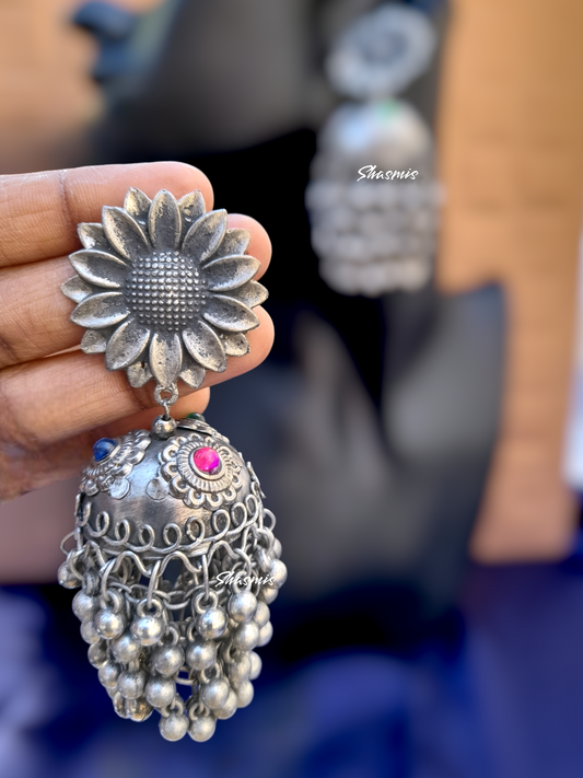 Sun Flower Design Long Drop Afghani Earrings