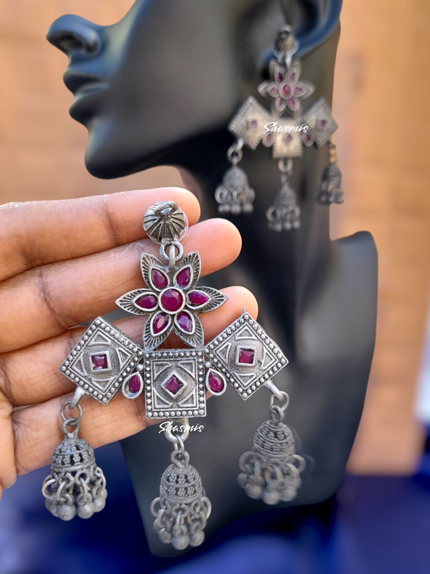 Magenta Stones German Silver Oxidised Earrings