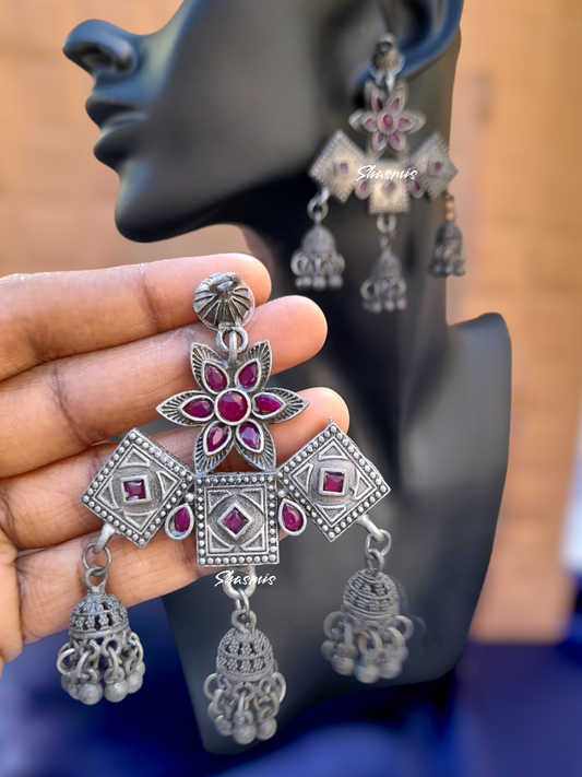Magenta Stones German Silver Oxidised Earrings
