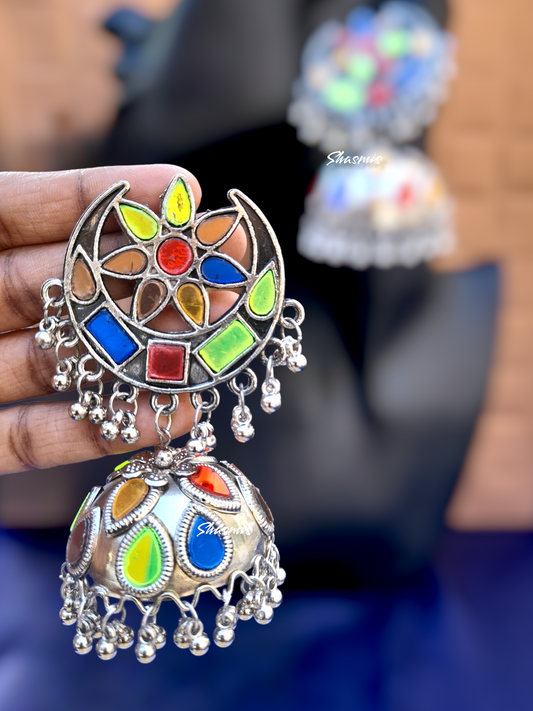 Multi Color Silver Jhumka Earrings