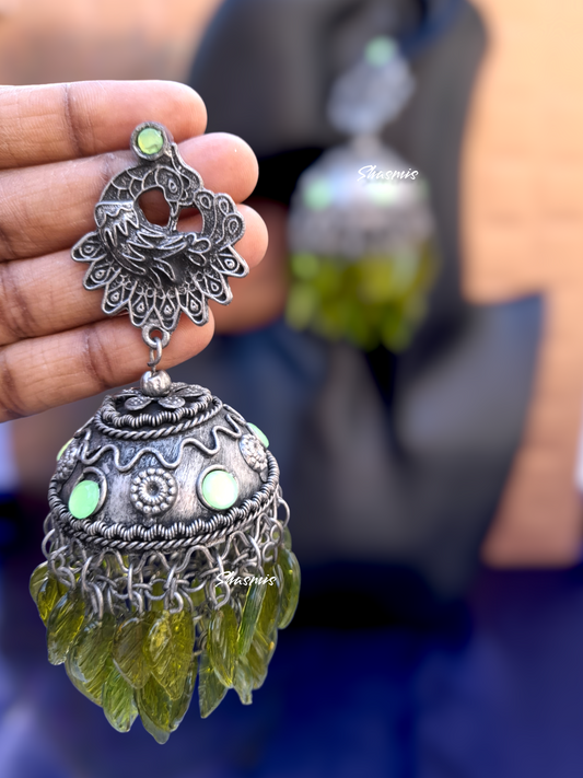 Peacock Design Afghani Leafs On Drop Jhumka Earrings