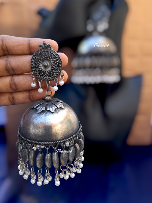 Silver Afghani Jhumka Long Earrings