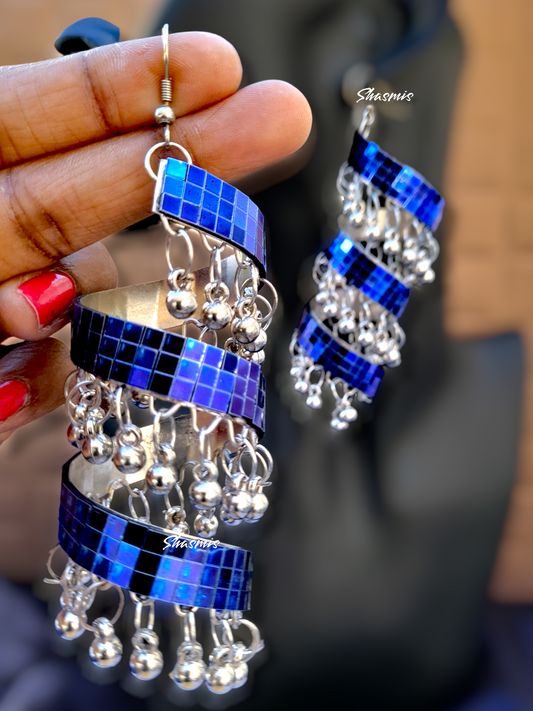Blue Mirror Long Ghungroo On Drop Earrings