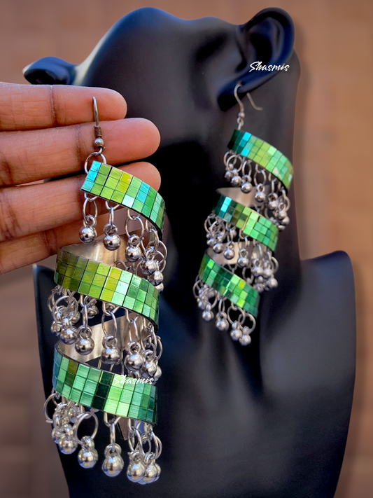 Green Color Mirror With Ghungroo On Drop Earrings
