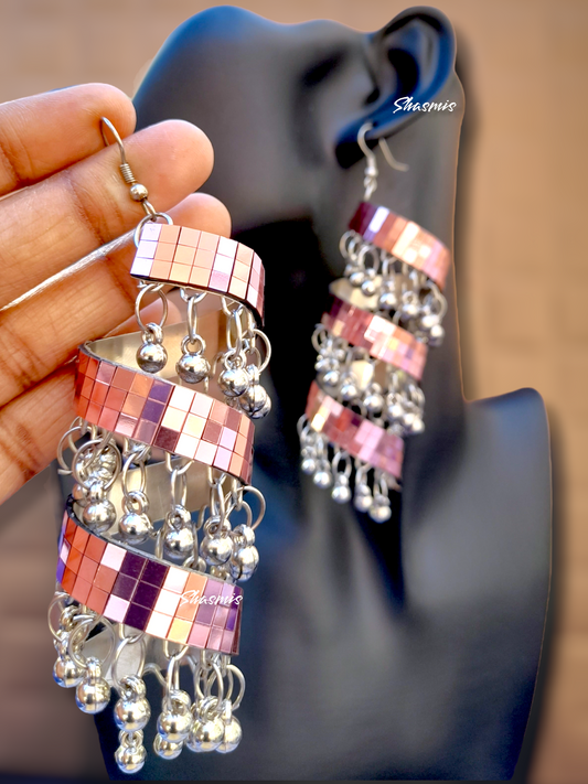 Pink Color Mirror Silver Oxidised Ghungroo On Drop Earrings