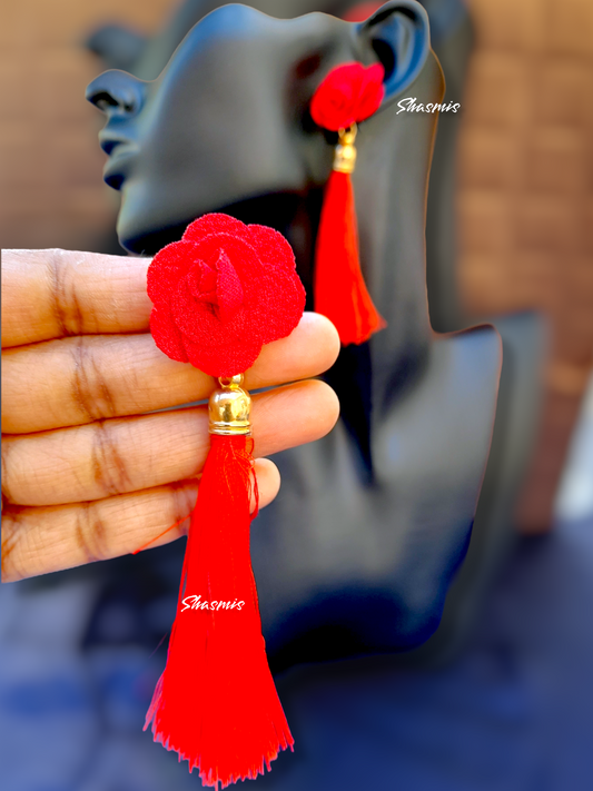 Red Flower Tassel Earrings