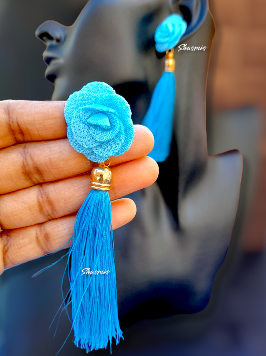 Sky Blue Color Flower Tassel Earrings