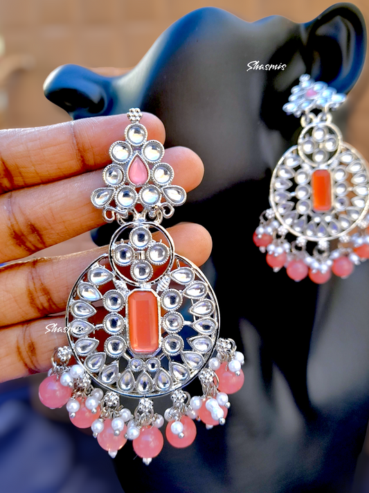 Orange Color Centre Stone Silver Design Pearl On Drop Earrings