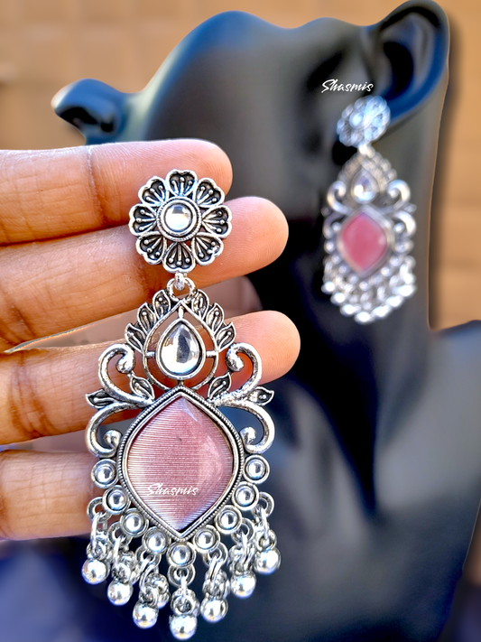 Pink Centre Stone Silver Jhumka Earrings