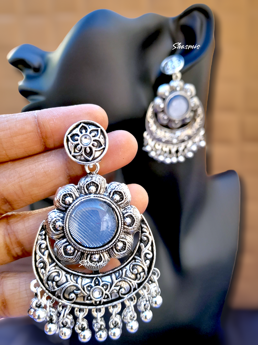 Blue Centre Stone Silver Chandbali Earrings