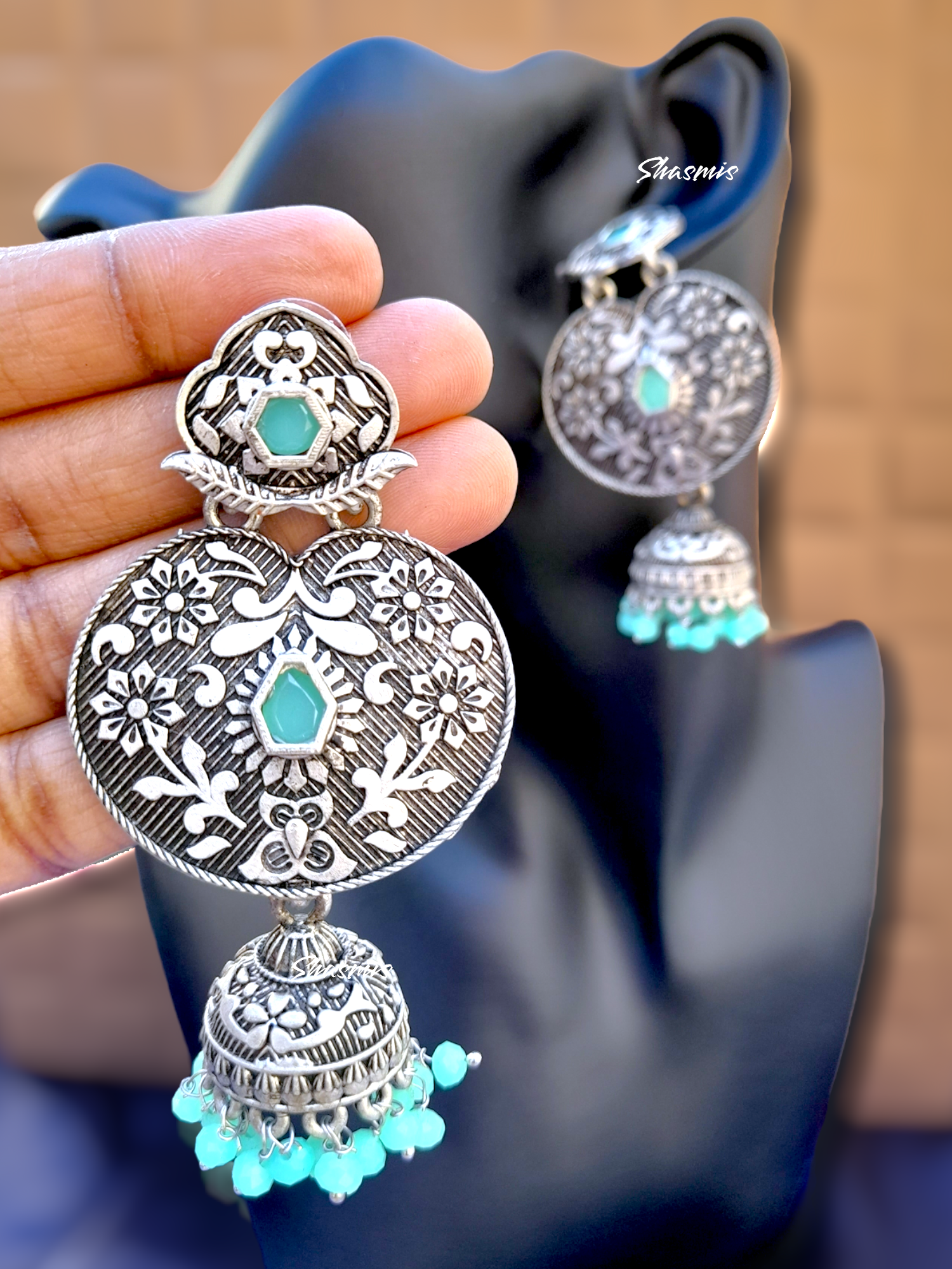 Mint Green Silver Jhumka Earrings