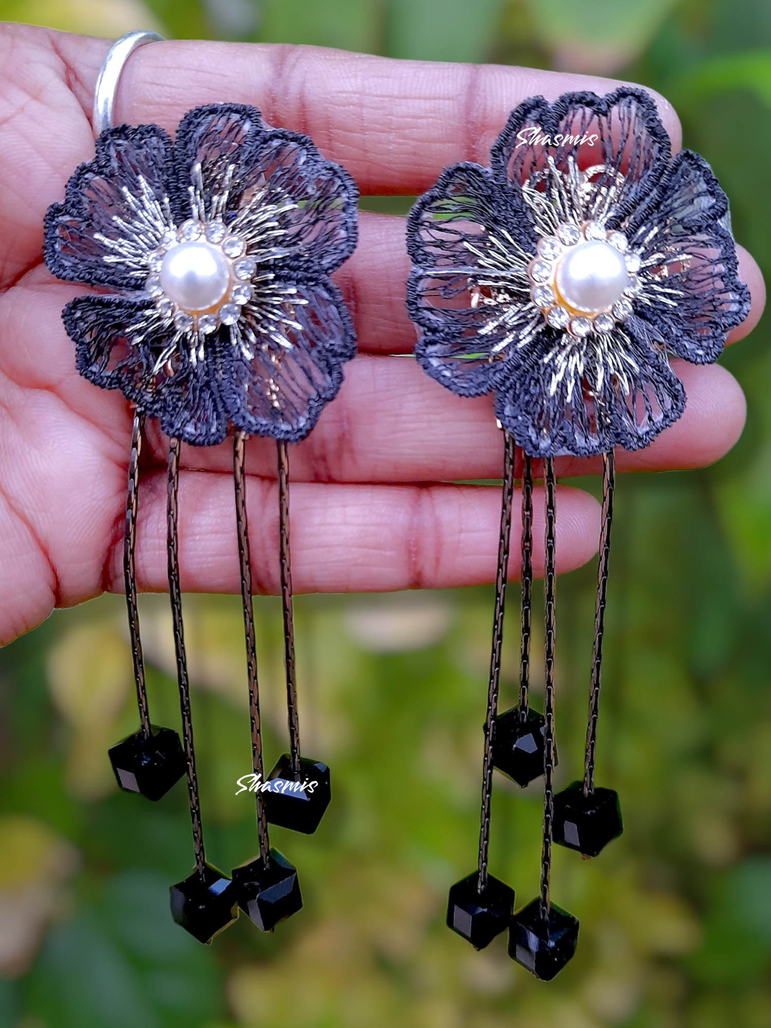 Black Color Flower With Centre Pearl And long Drop Stone 