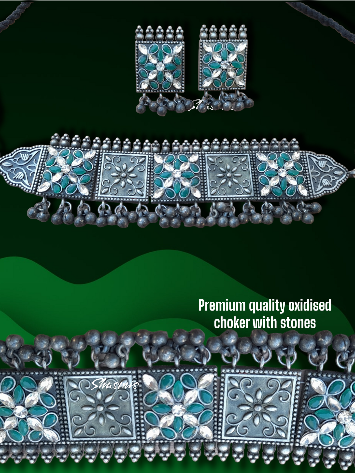 Green and White Stone Silver Statement Necklace 