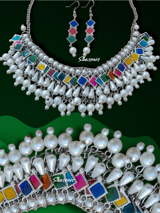 Multi Color Glass Mirror Necklace With Pearls On Drop