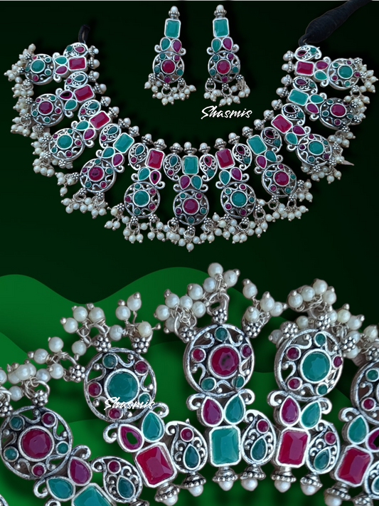Magenta and Green Color Afghani Statement Necklace 