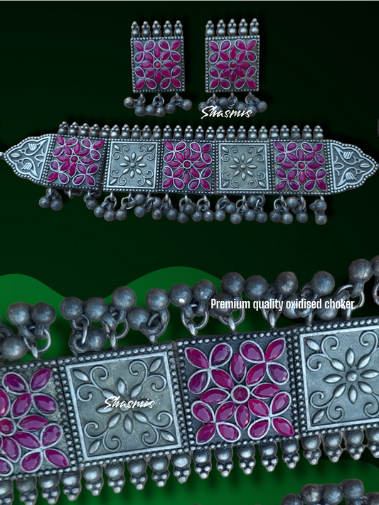 Magenta Color Stone Silver Oxidised Statement Necklace