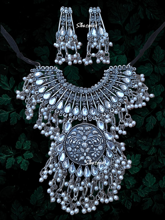 Silver Oxidised Design Wide Necklace 