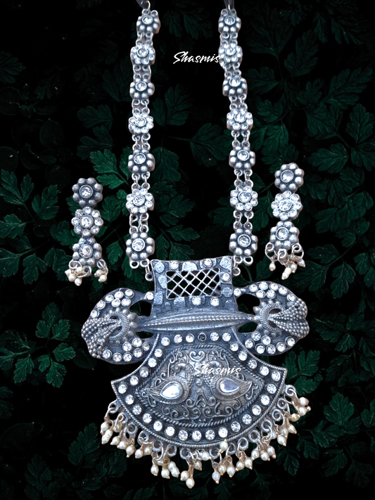 Long German Silver Oxidised Wide Pendent Necklace 