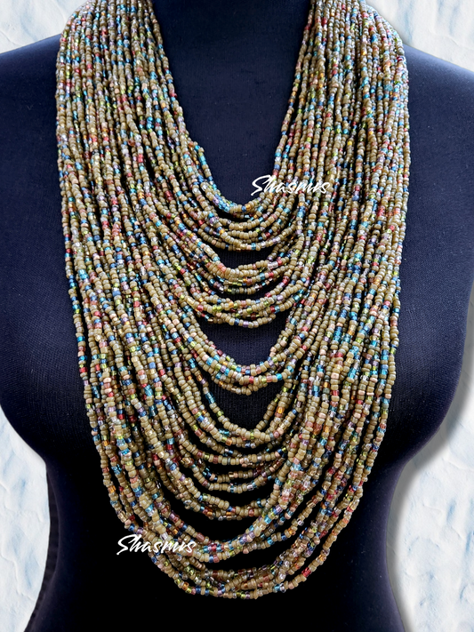 Olive Color Beads African Long Layer Necklace