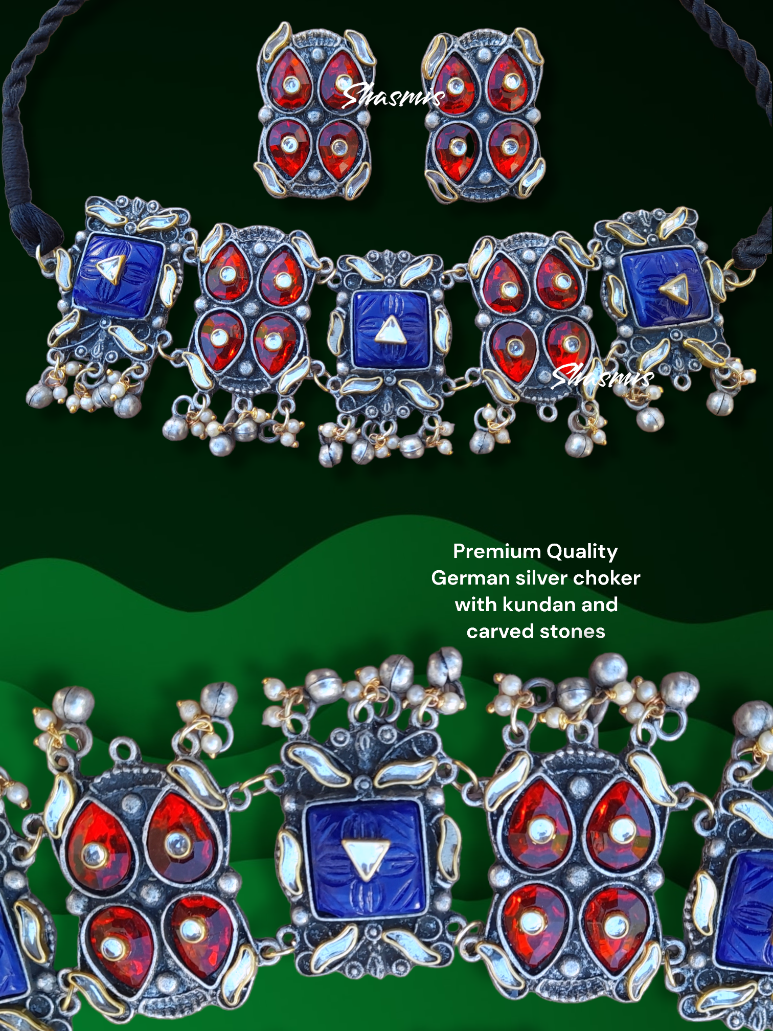 Red and Blue Color Oxidised Necklace 