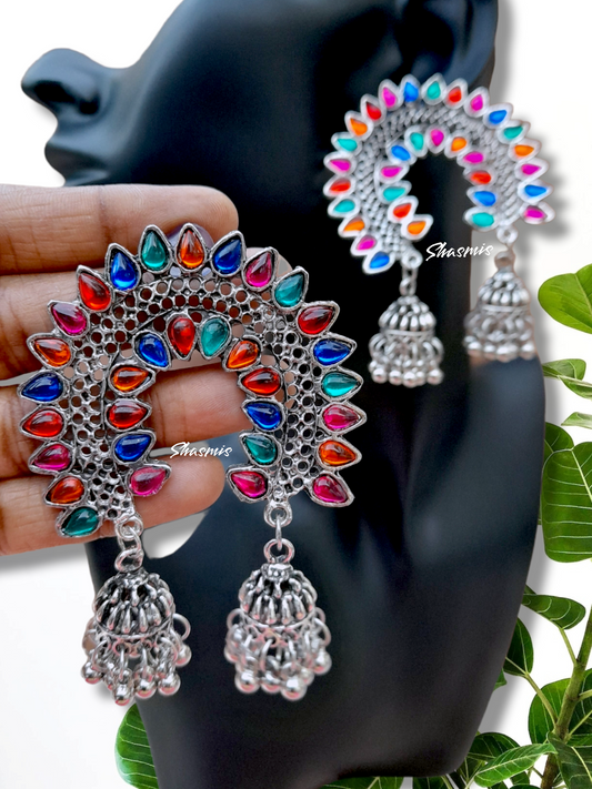Multi Color Stone Earrings With Two Jhumkas