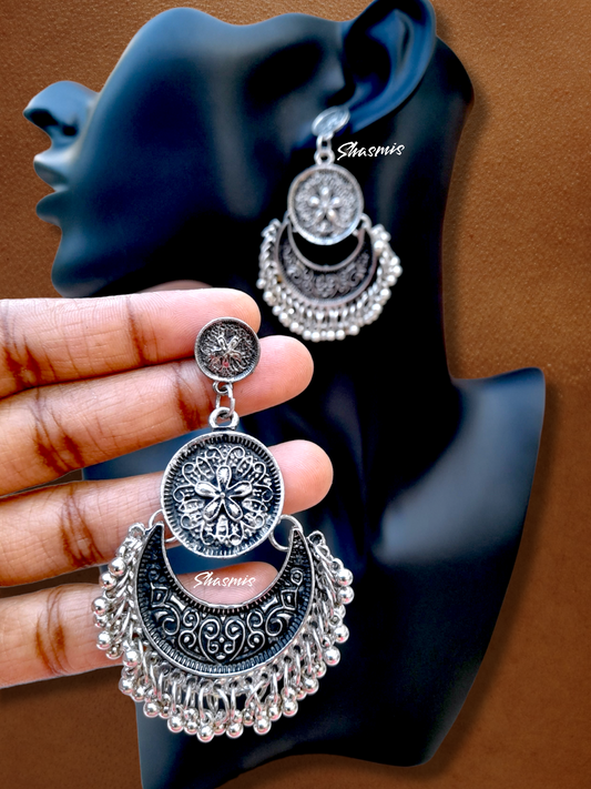 Chandbali Coin Drop Silver Earrings