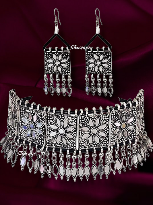 Flower Design Silver Mirror Statement Necklace With Earrings