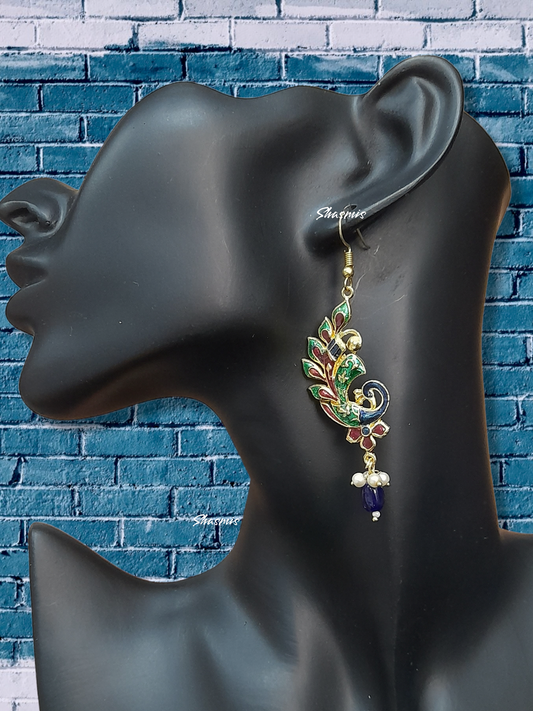 Blue Beads On Drop Peacock Design Earrings
