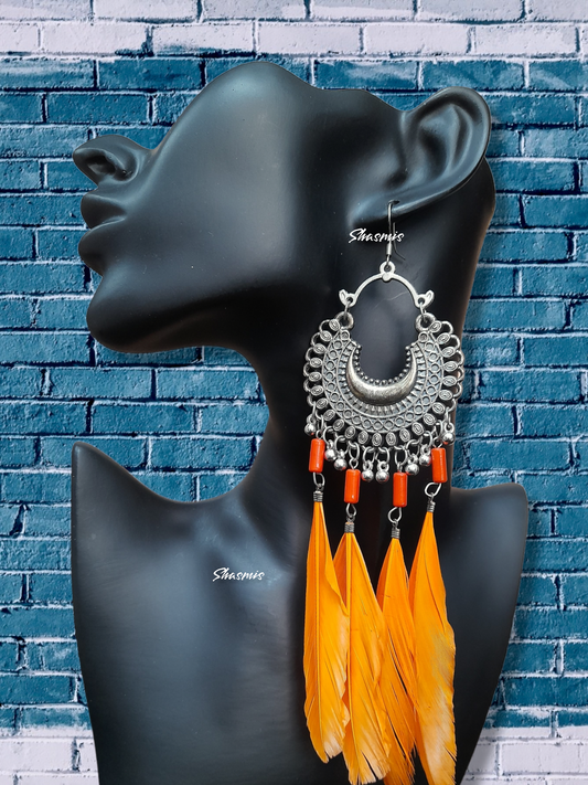 Orange Tassel Long Silver Chandbali Earrings  