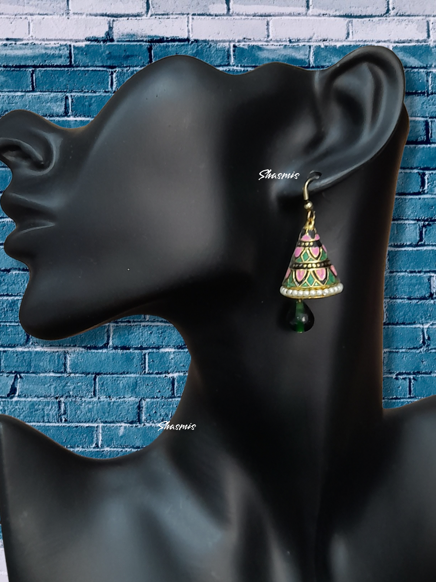 Pink Cone Design Green Pearl On Drop Earrings