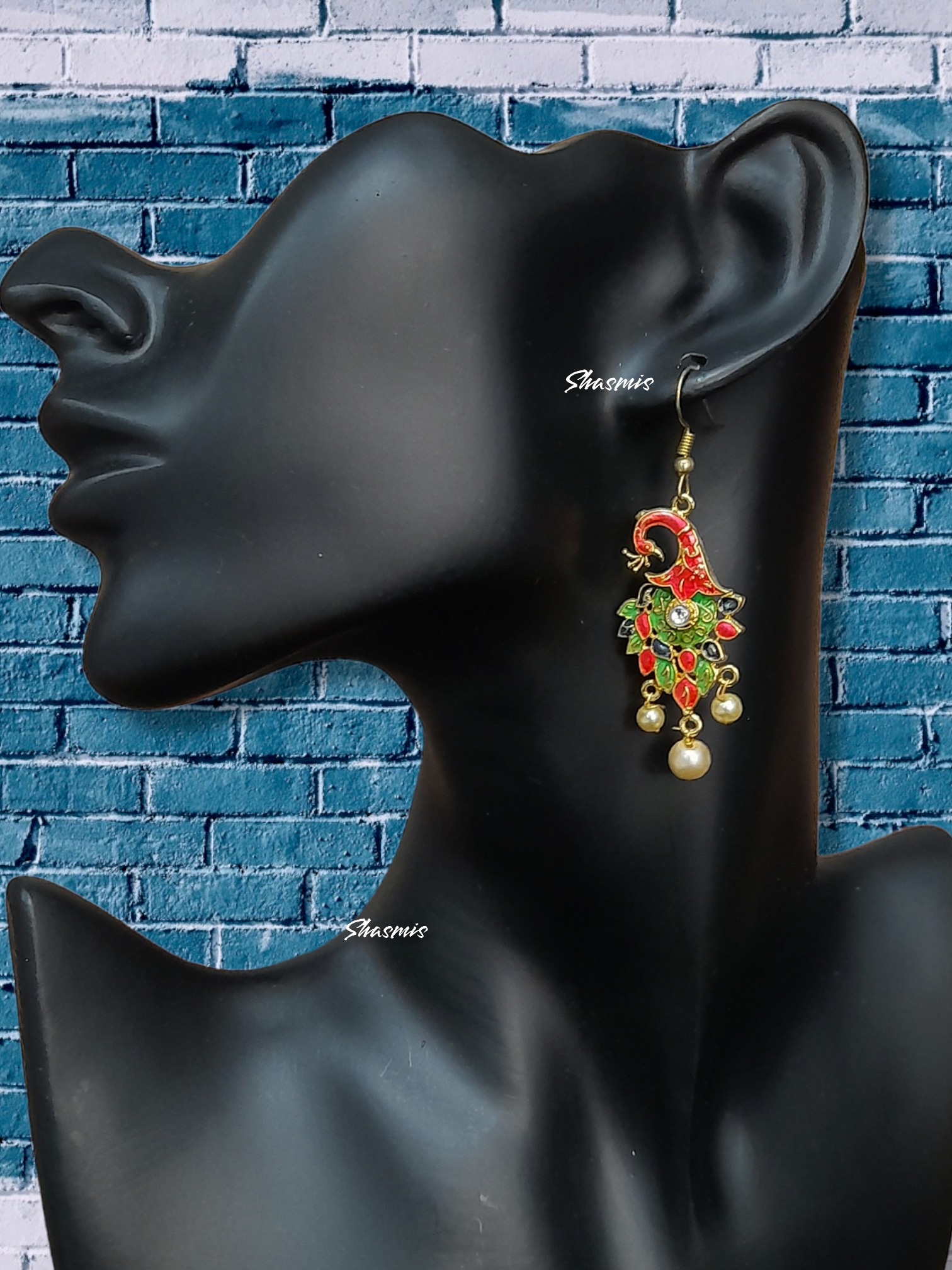 Green and Pink Peacock Design Earrings 