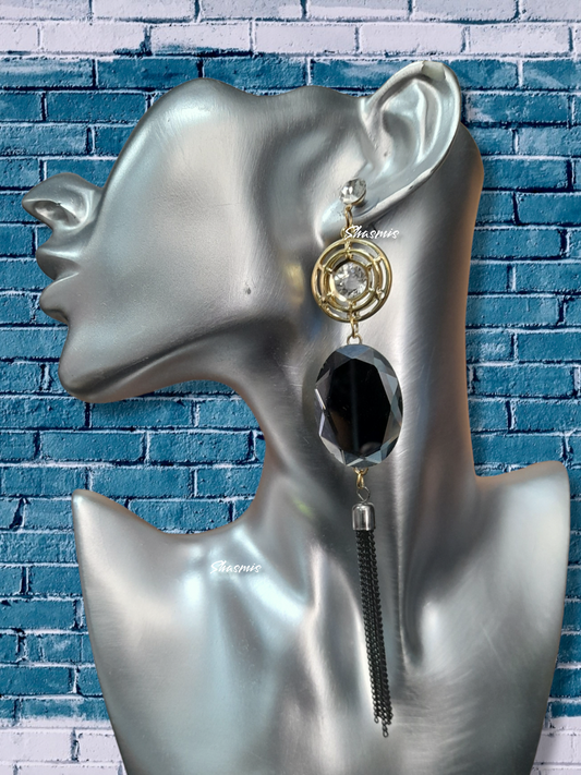 Long Black Diamond Tassel Earrings