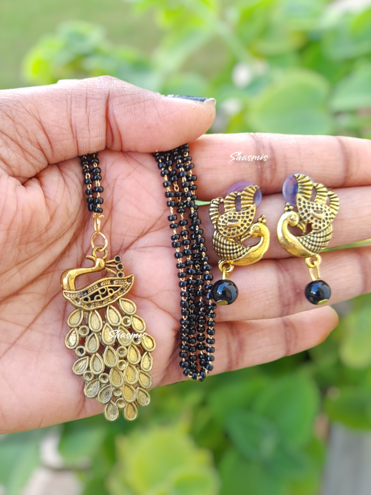 Peacock Design Long Black Beads Mangalsutra