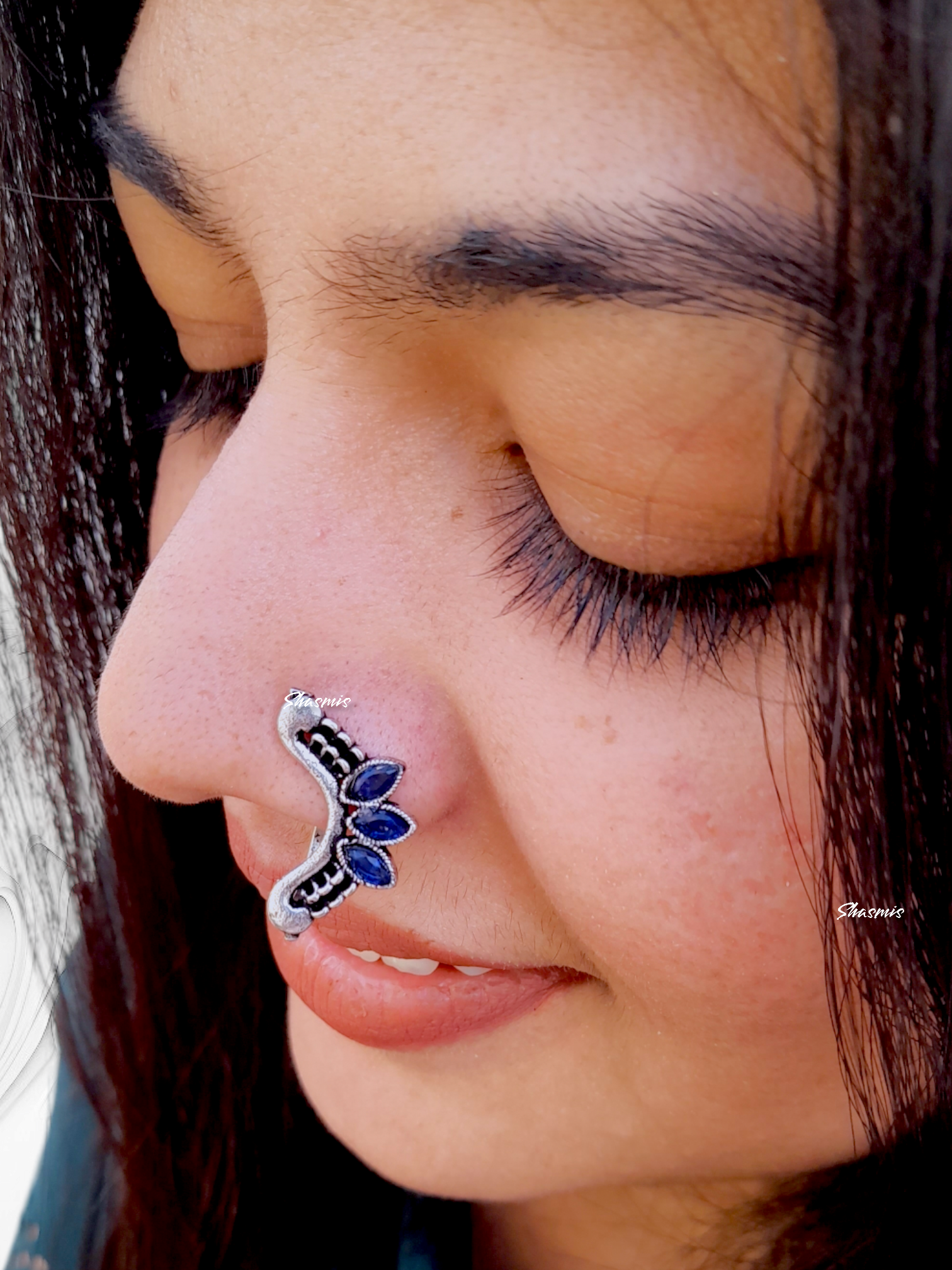 Blue Stone Silver Design Non Pierced Nose pin Shasmis